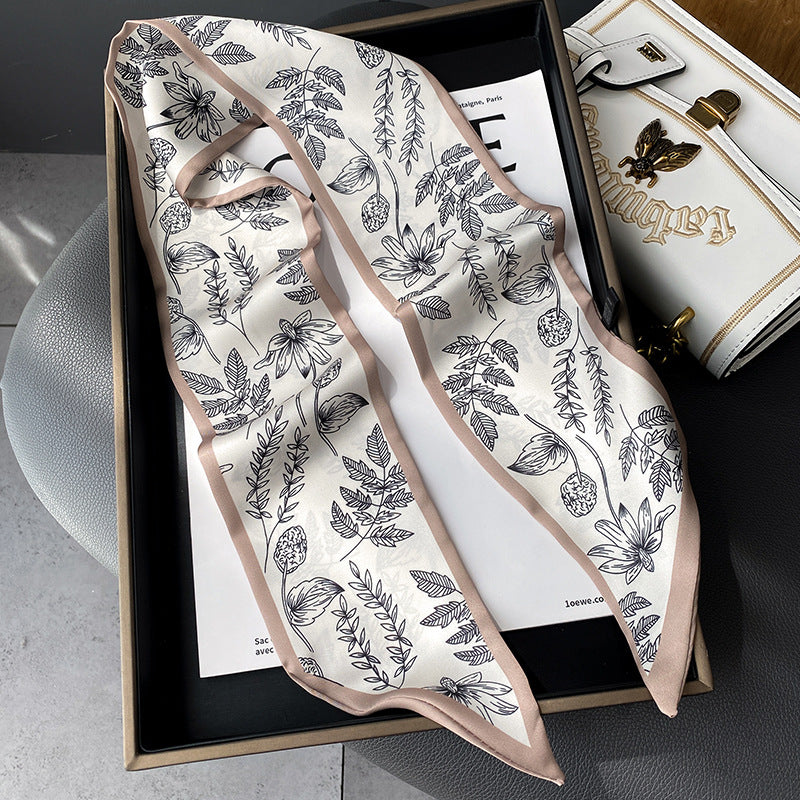 Foulard Ruban Imprimé – Feuillage, bord beige
