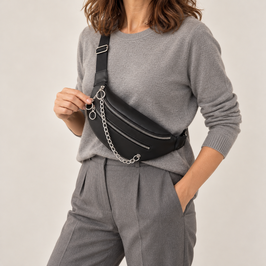 Sac Banane Chaîne Argentée – Noir
