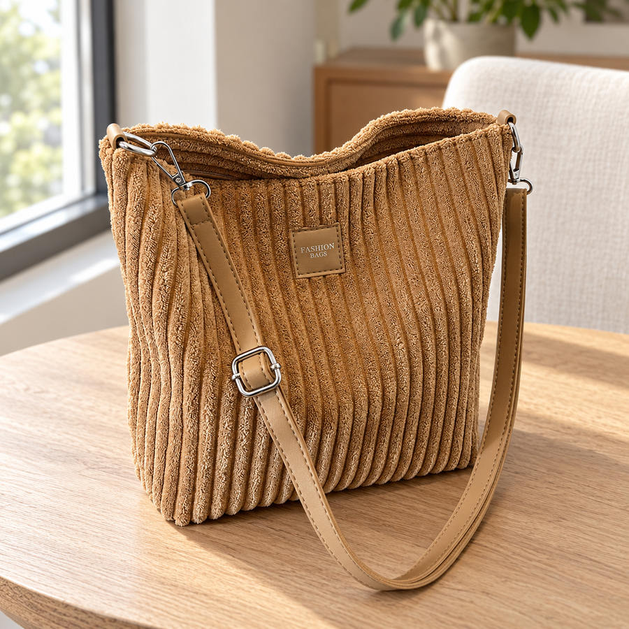 Besace Velours Côtelé camel sur une table en chêne – Brin de Charme