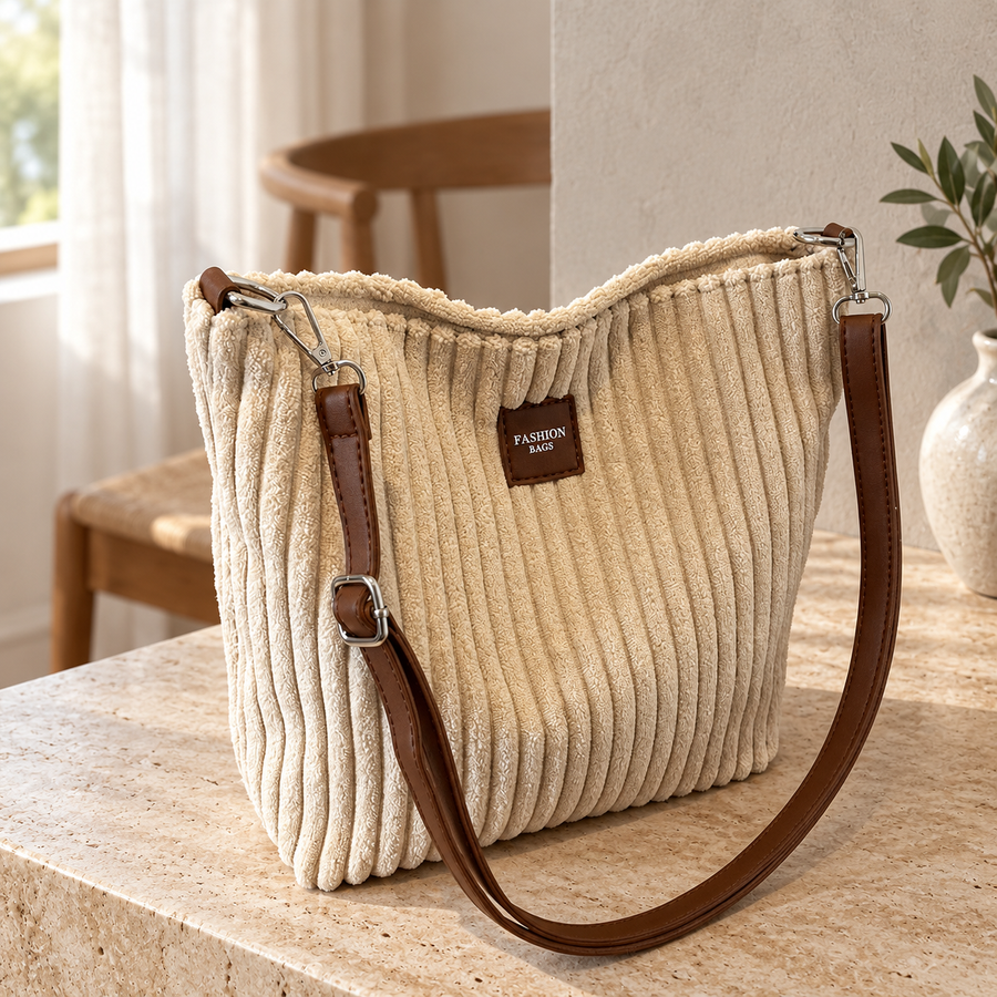 Besace Velours Côtelé beige sur une console en travertin – Brin de Charme