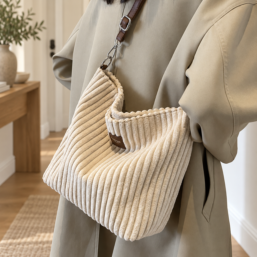Besace Velours Côtelé beige portée en bandoulière dans une entrée – Brin de Charme