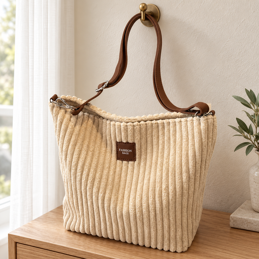 Besace Velours Côtelé beige vue de face dans un décor naturel – Brin de Charme