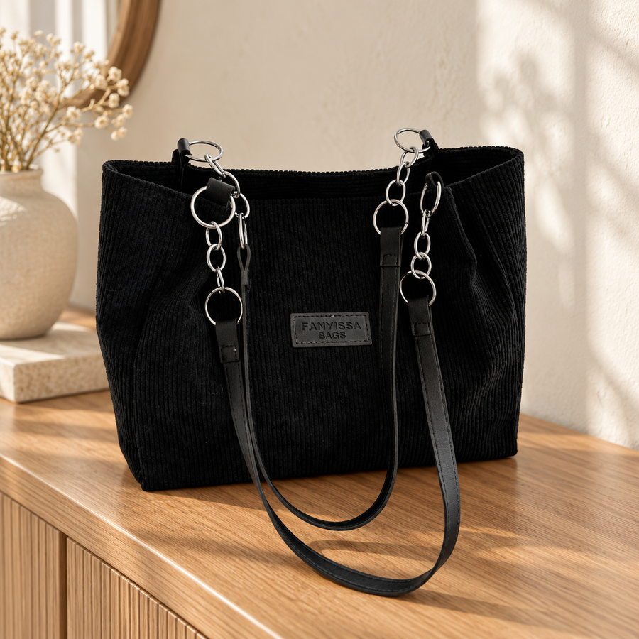 Cabas Velours Côtelé à Chaînes noir en décor naturel – Brin de Charme