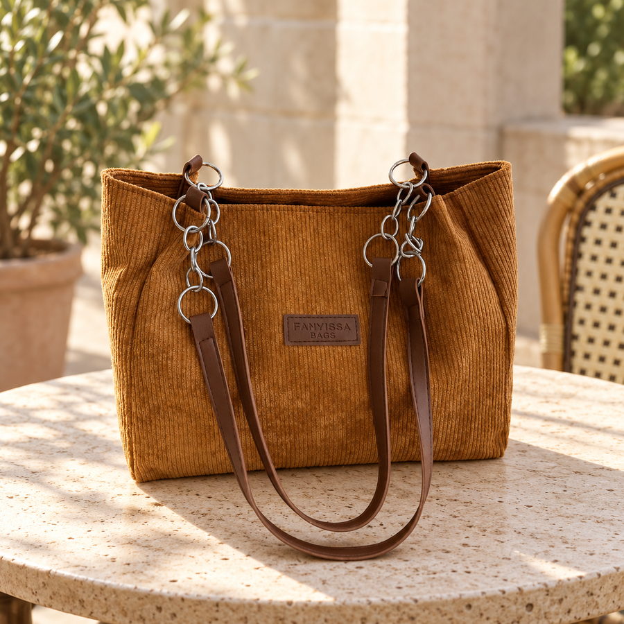 Cabas Velours Côtelé à Chaînes camel en décor naturel – Brin de Charme