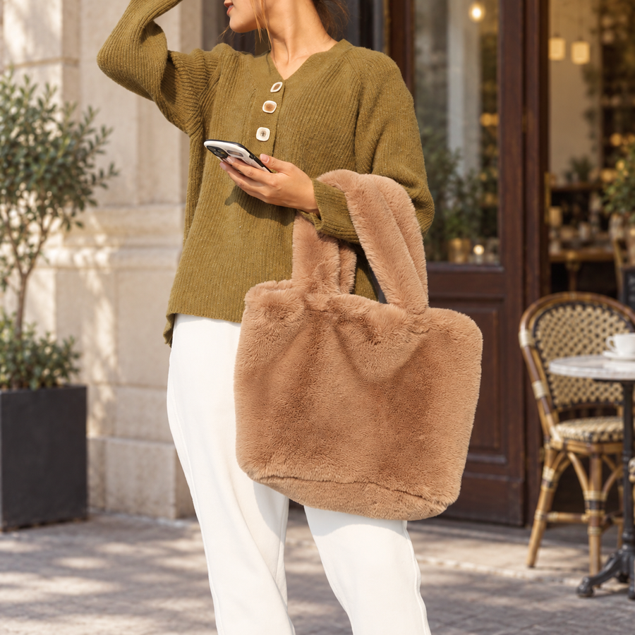 Cabas Teddy Camel porté au bras près d’un café – Brin de Charme