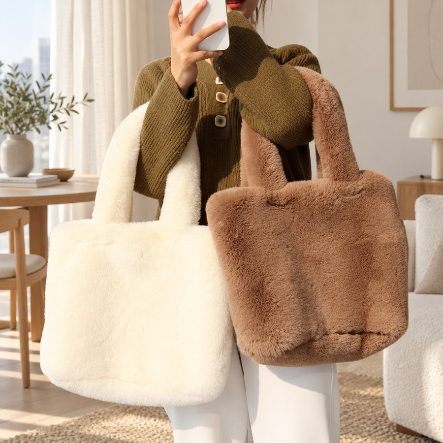 Cabas Teddy Blanc et Camel présentés ensemble dans un intérieur – Brin de Charme