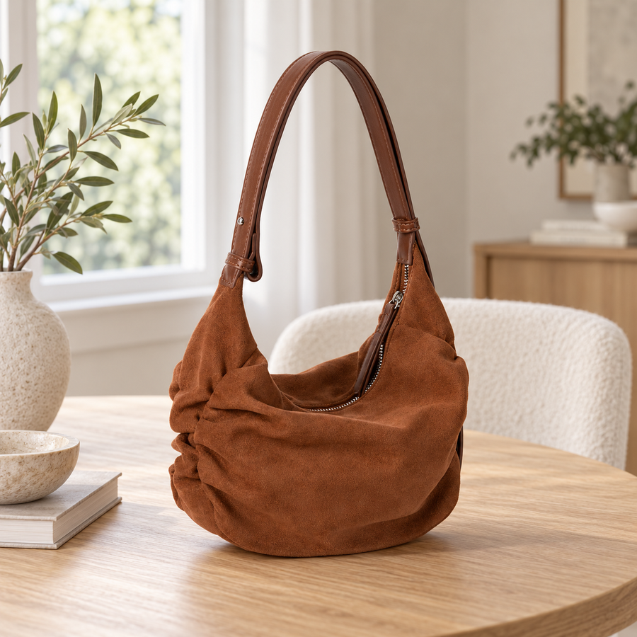 Sac Croissant Effet Daim marron sur une table en chêne – Brin de Charme