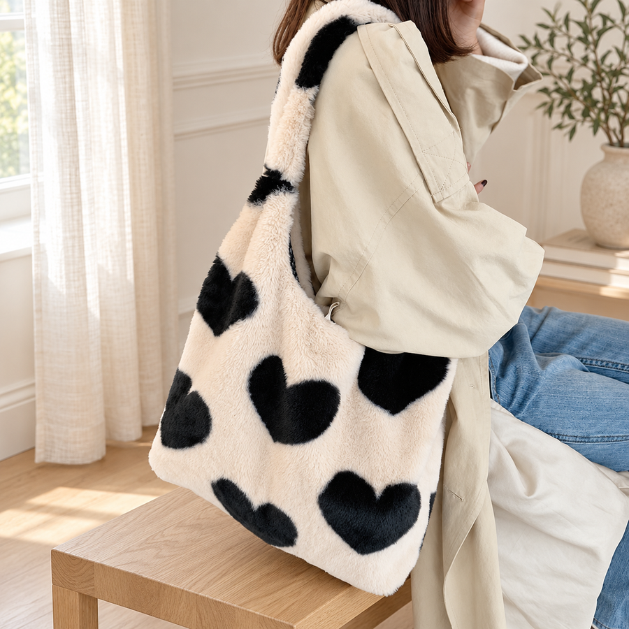 Sac Peluche Cœurs Réversible écru porté à l’épaule sur un banc – Brin de Charme
