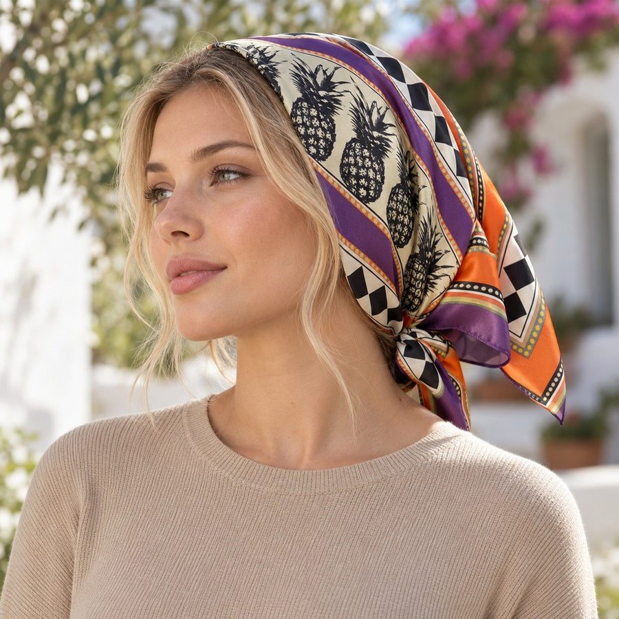 Carré Color Block – Crème et violet, motif ananas