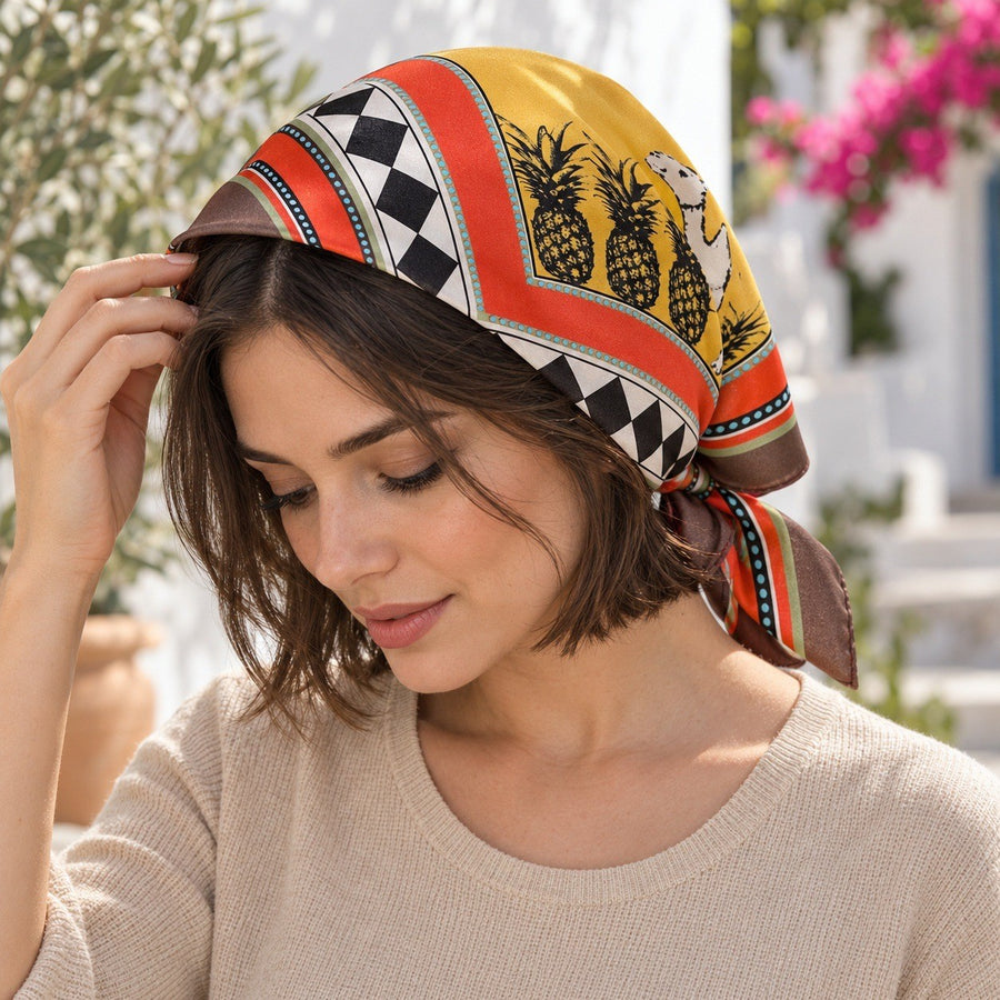 Carré Color Block – Moutarde et orange, motif ananas