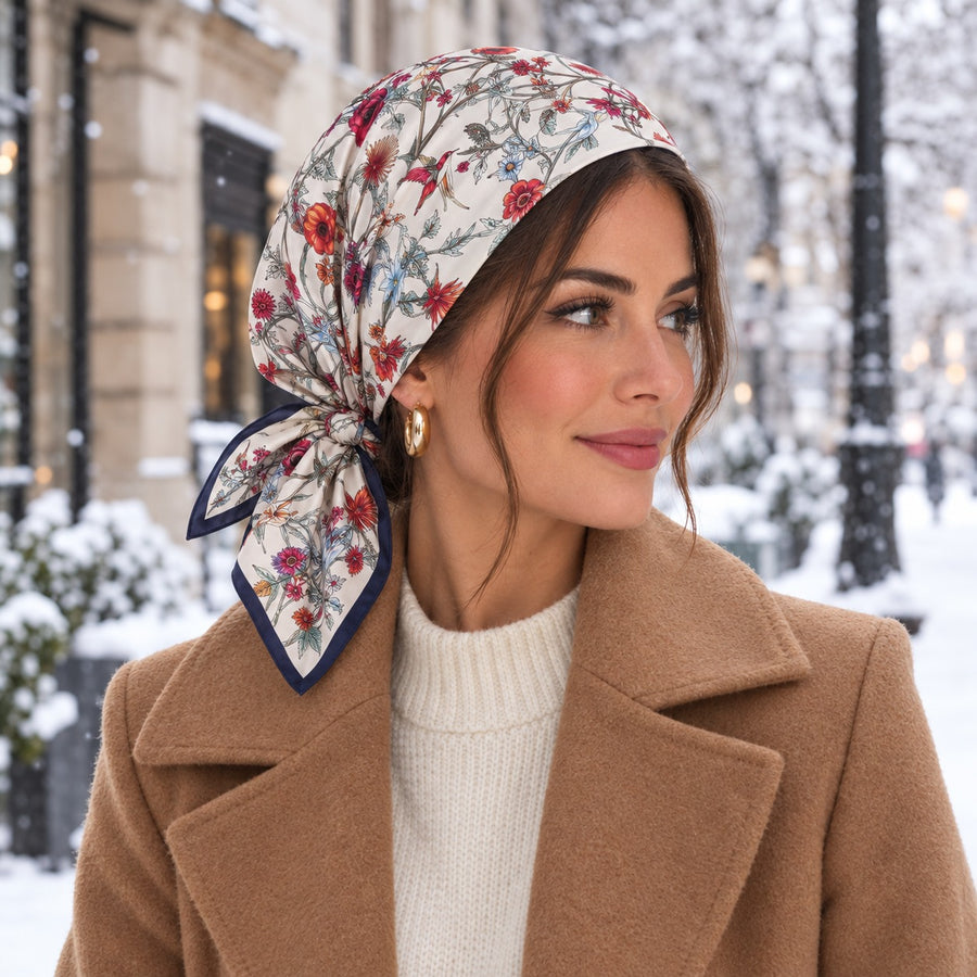 Carré Jardin Fleuri – Crème fleuri porté sur les cheveux
