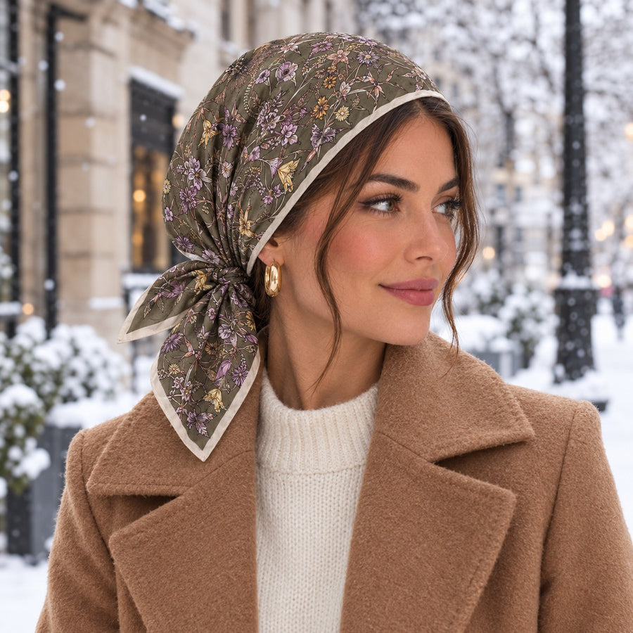 Carré Jardin Fleuri – Kaki fleuri porté sur les cheveux