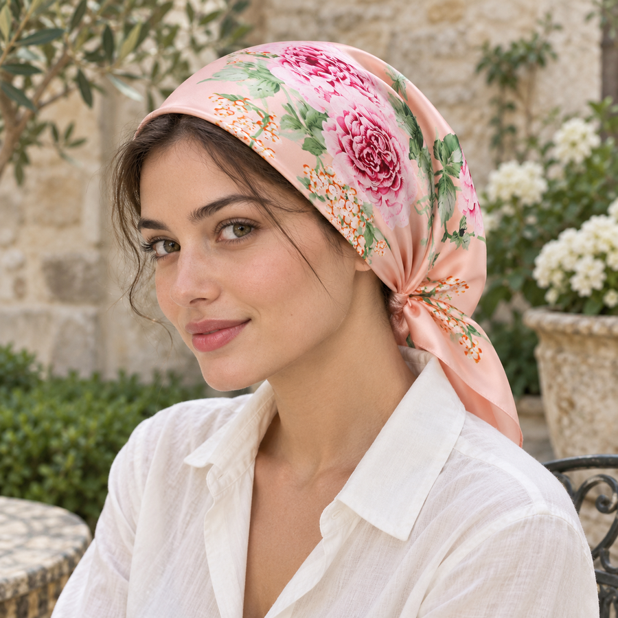 Carré Pivoines rose en satin porté sur la tête, vue en extérieur