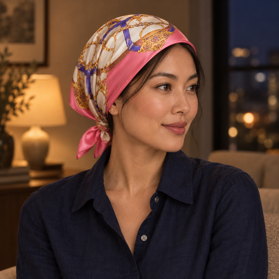 Carré Satiné Sellerie Colorée rose porté sur la tête, intérieur en soirée
