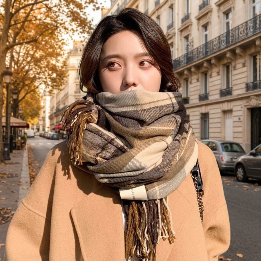 Écharpe Carreaux Cocooning – Beige et camel
