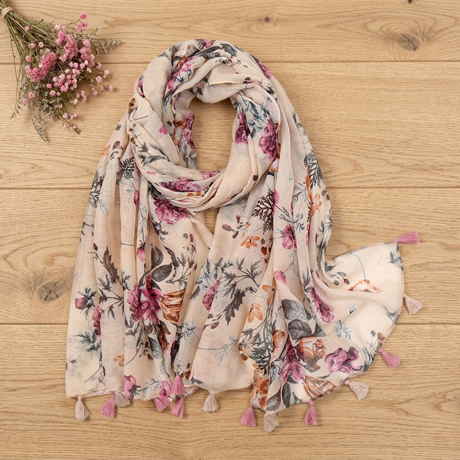 Étole Bohème à Pompons – Beige fleuri