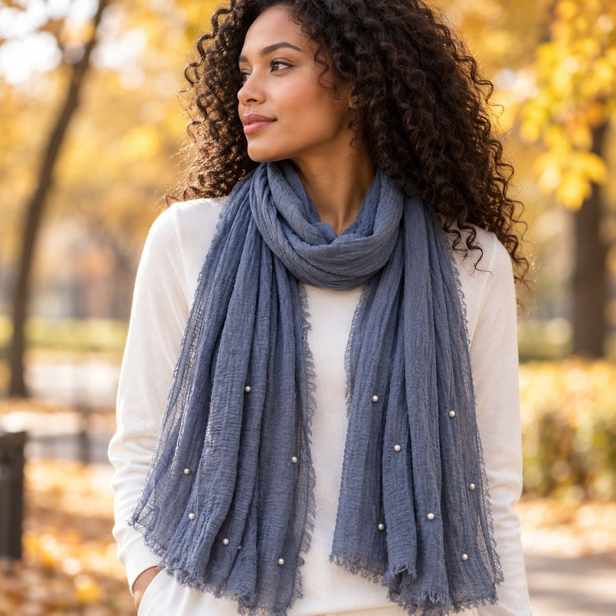 Étole Froissée à Perles – Bleu ardoise