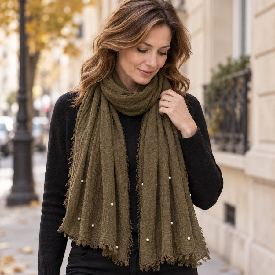 Étole Froissée à Perles – Kaki