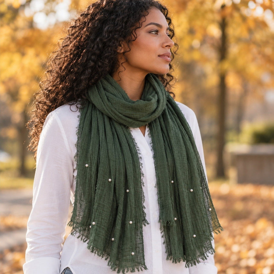 Étole Froissée à Perles – Vert olive