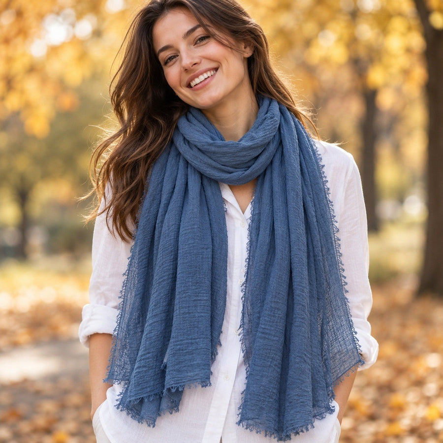 Étole Voile Plissé – Bleu jean