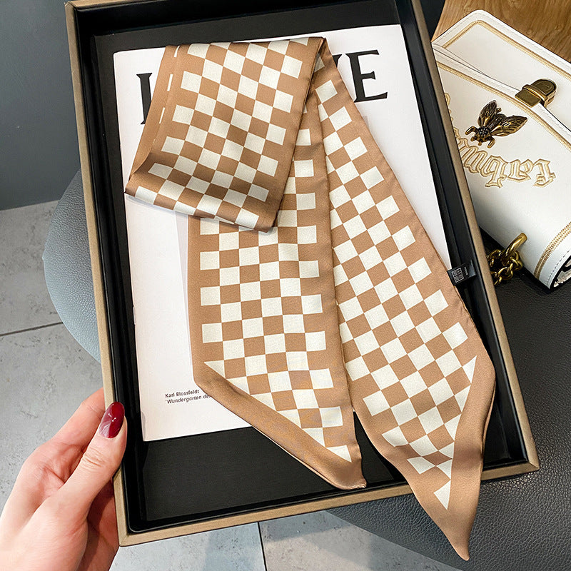 Foulard Ruban Imprimé – Damier camel