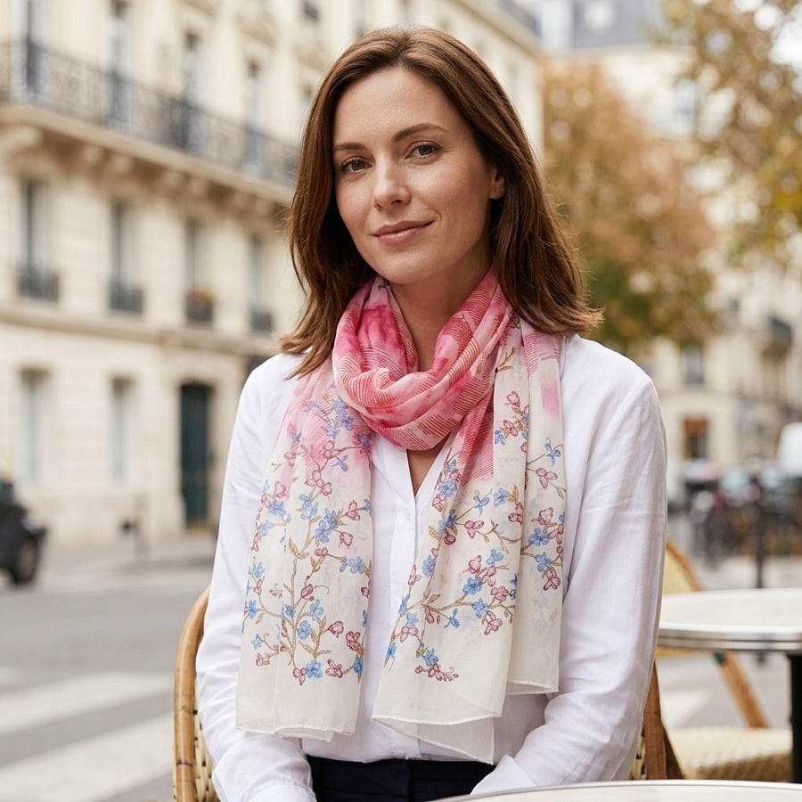 Foulard Mousseline Fleurie – Corail et crème
