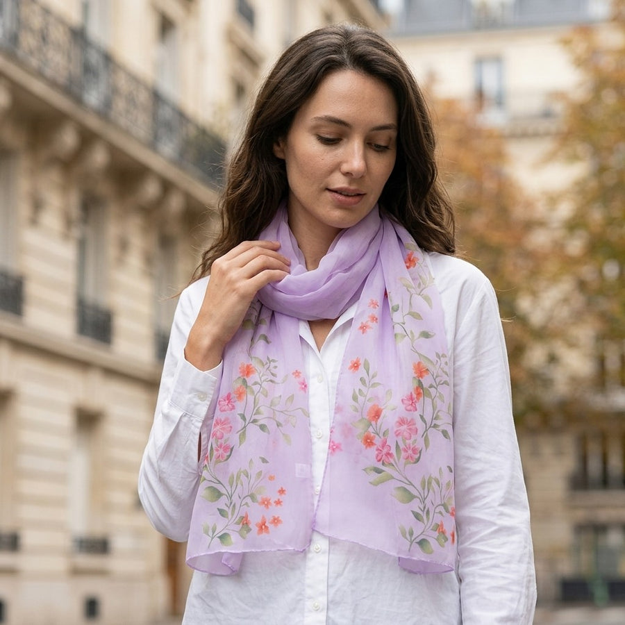 Foulard Mousseline Fleurie – Lilas
