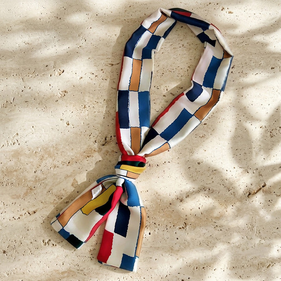 Foulard Ruban Double Face – Damier bleu et ocre