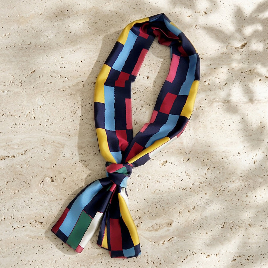 Foulard Ruban Double Face – Damier jaune et bleu