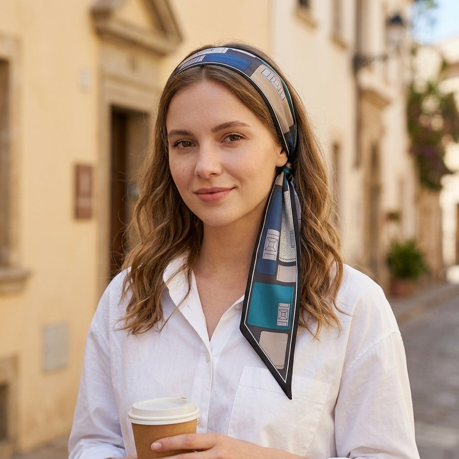 Foulard Ruban Imprimé – Color block bleu canard