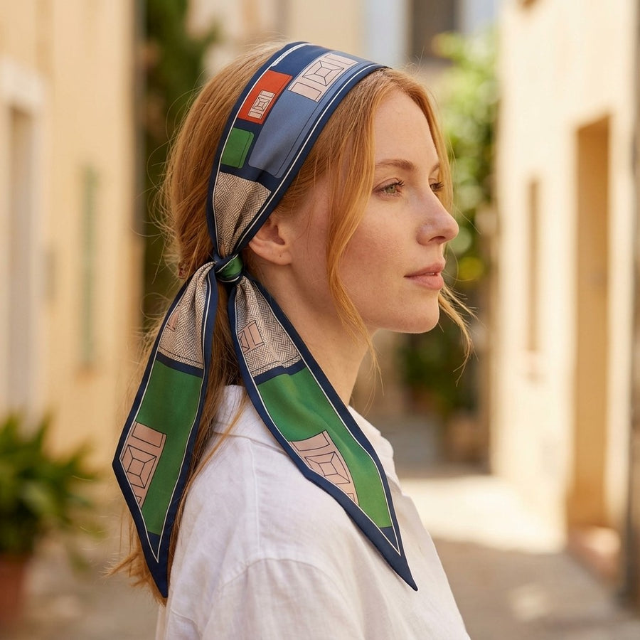 Foulard Ruban Imprimé – Color block vert et bleu