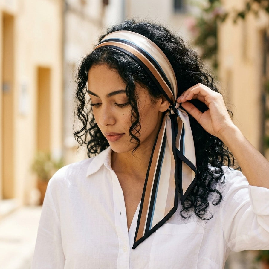 Foulard Ruban Imprimé – Rayé beige et noir