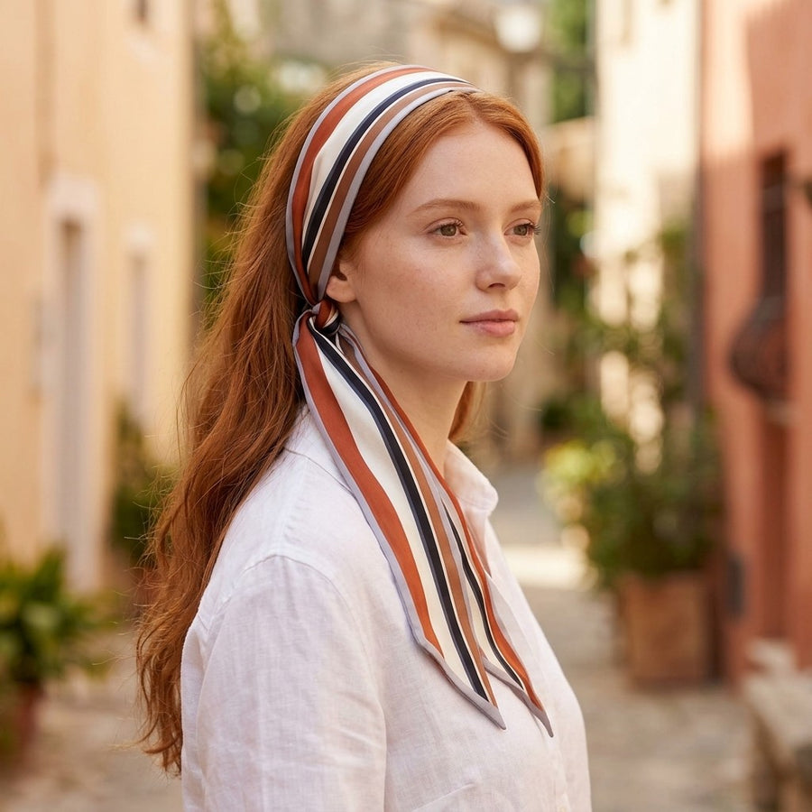 Foulard Ruban Imprimé – Rayé brique et marine