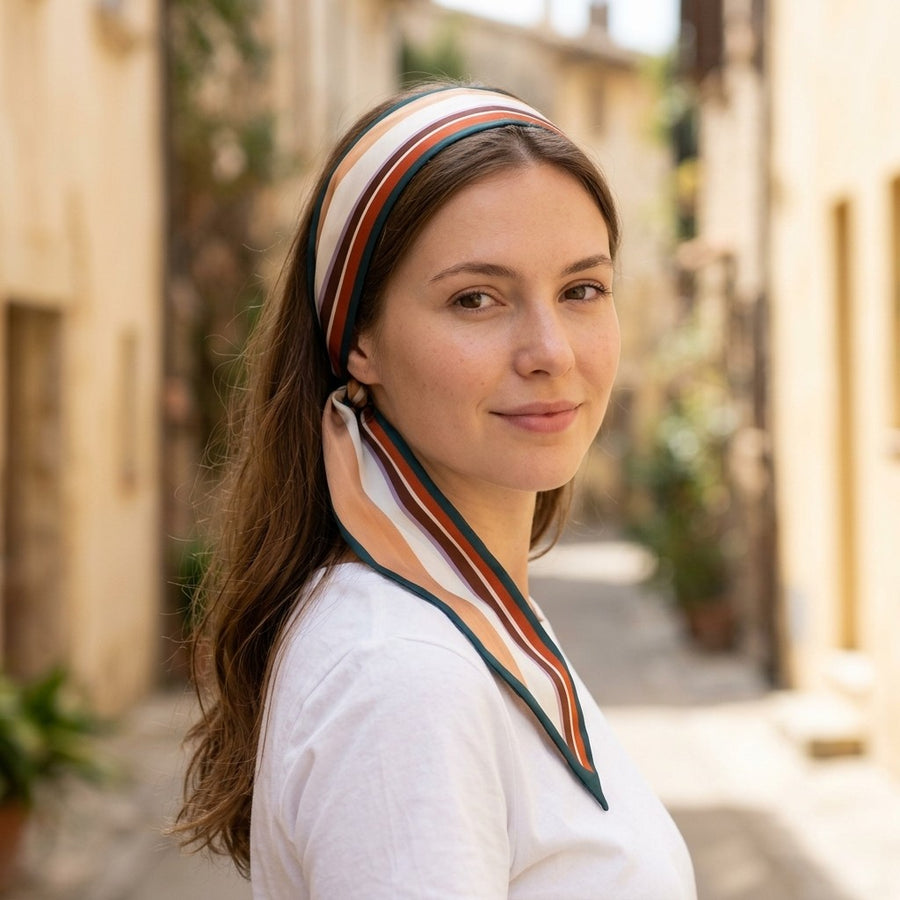 Foulard Ruban Imprimé – Rayé pêche et marron