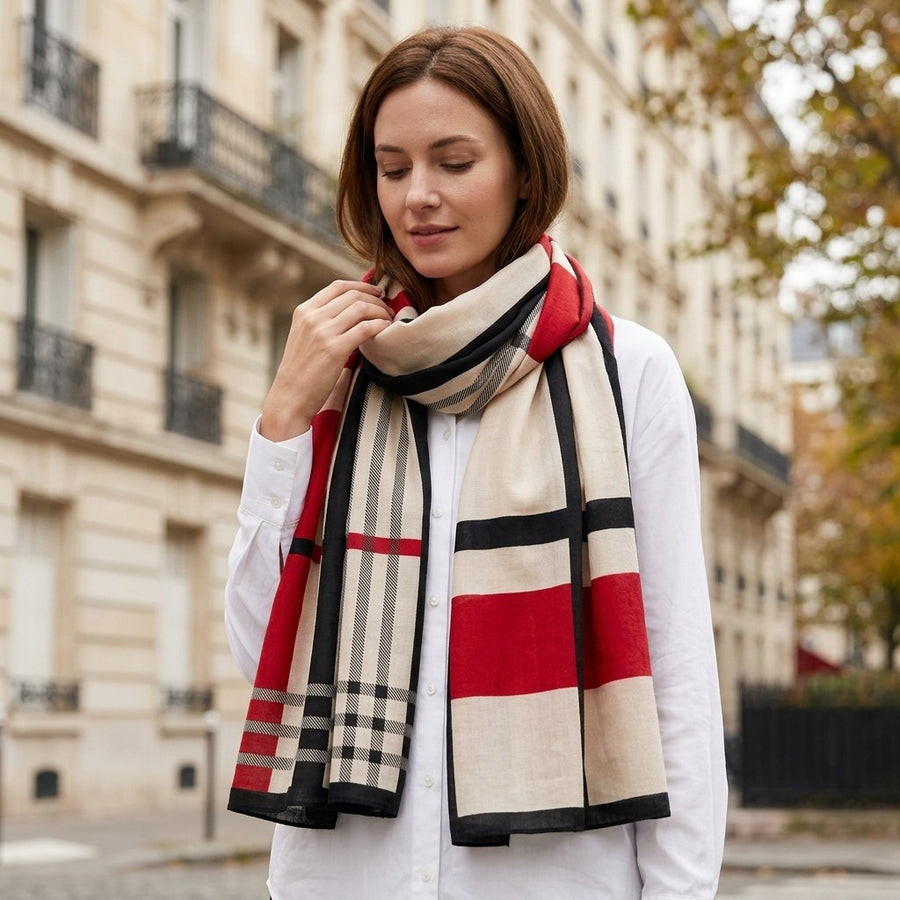 Grande Étole Graphique – Rayé beige et rouge