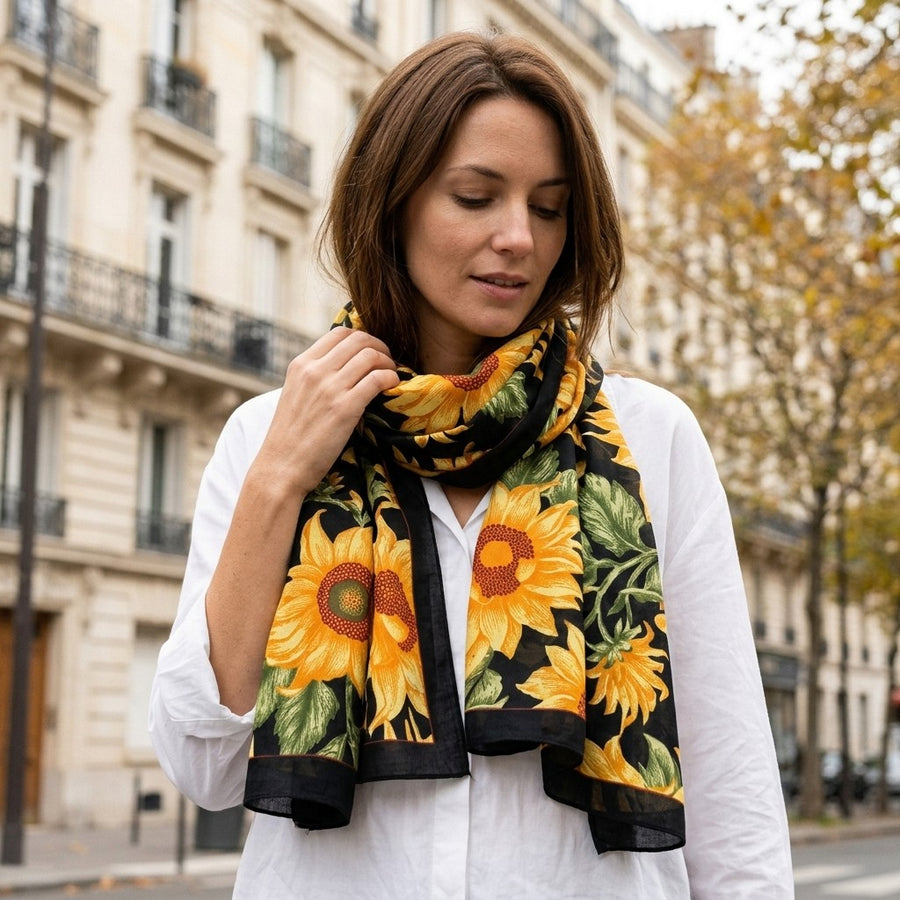 Grande Étole Graphique – Tournesols, bord noir