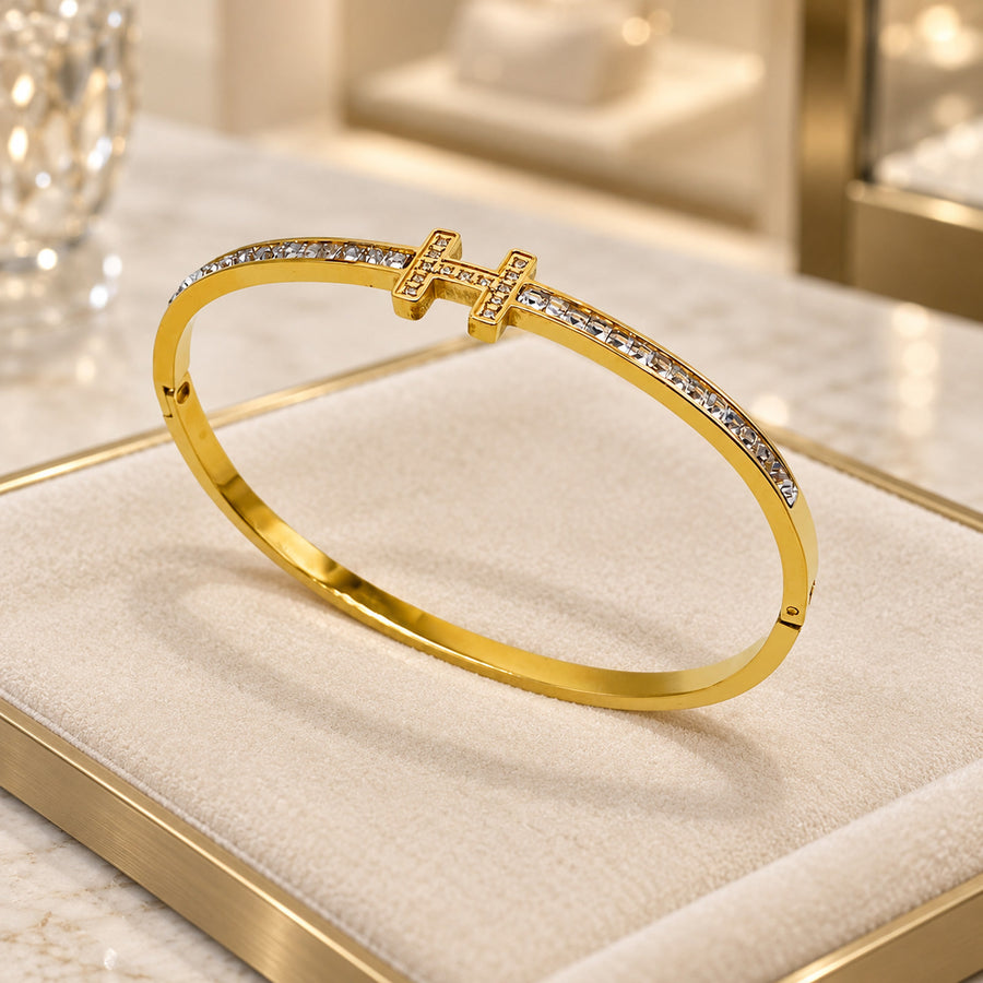 Jonc fin à assortir – Barrette de strass or