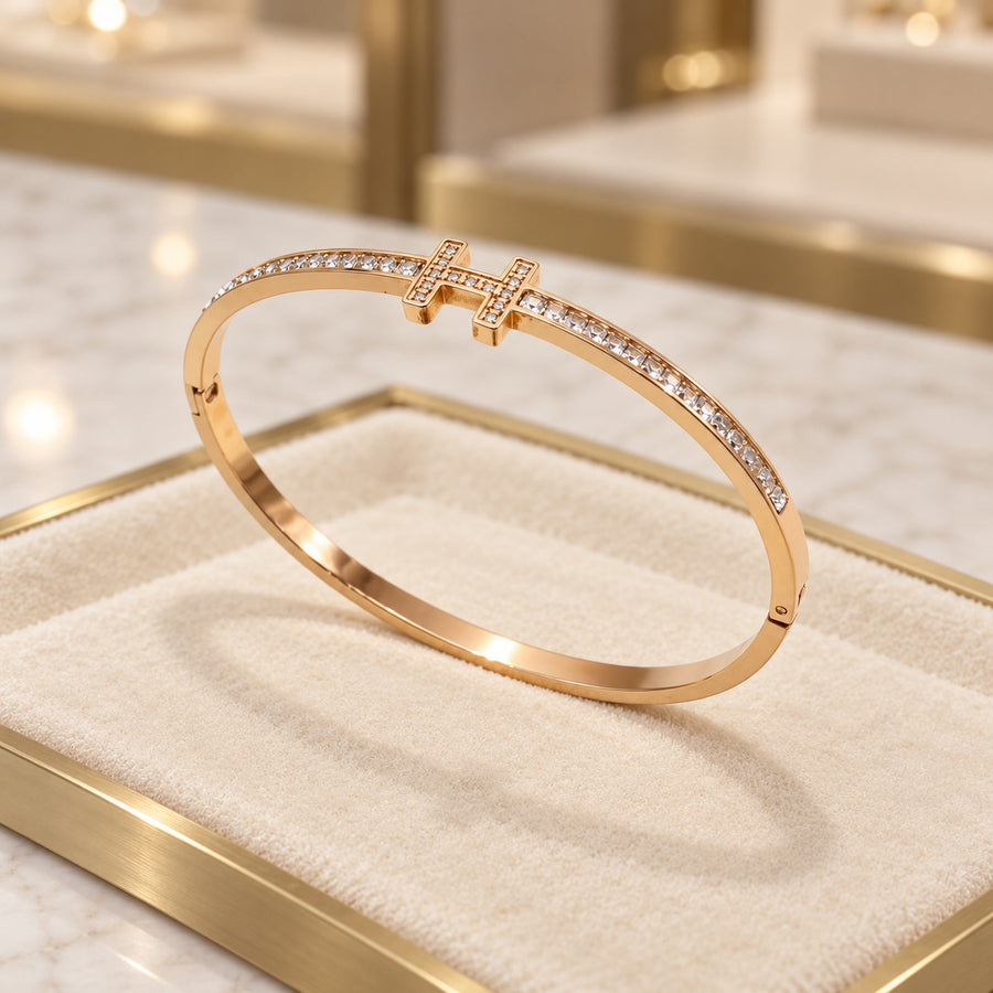 Jonc fin à assortir – Barrette de strass or rose