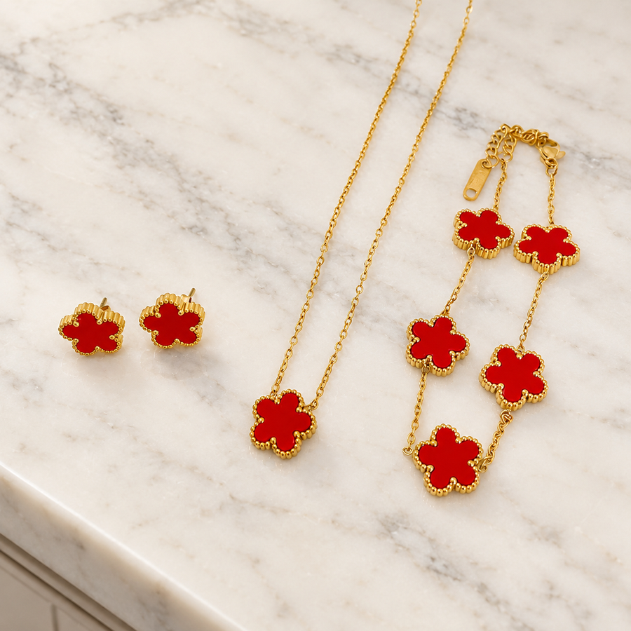 Parure Fleurs Cinq Pétales Rouge – Brin de Charme