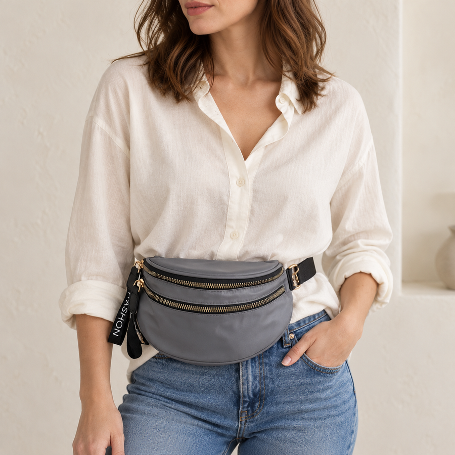Sac Banane Nylon Double Zip Gris – Brin de Charme