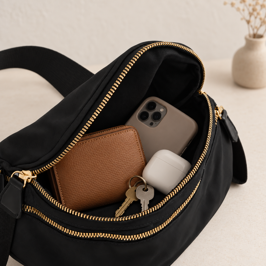 Sac Banane Nylon Double Zip Noir – vue intérieure – Brin de Charme
