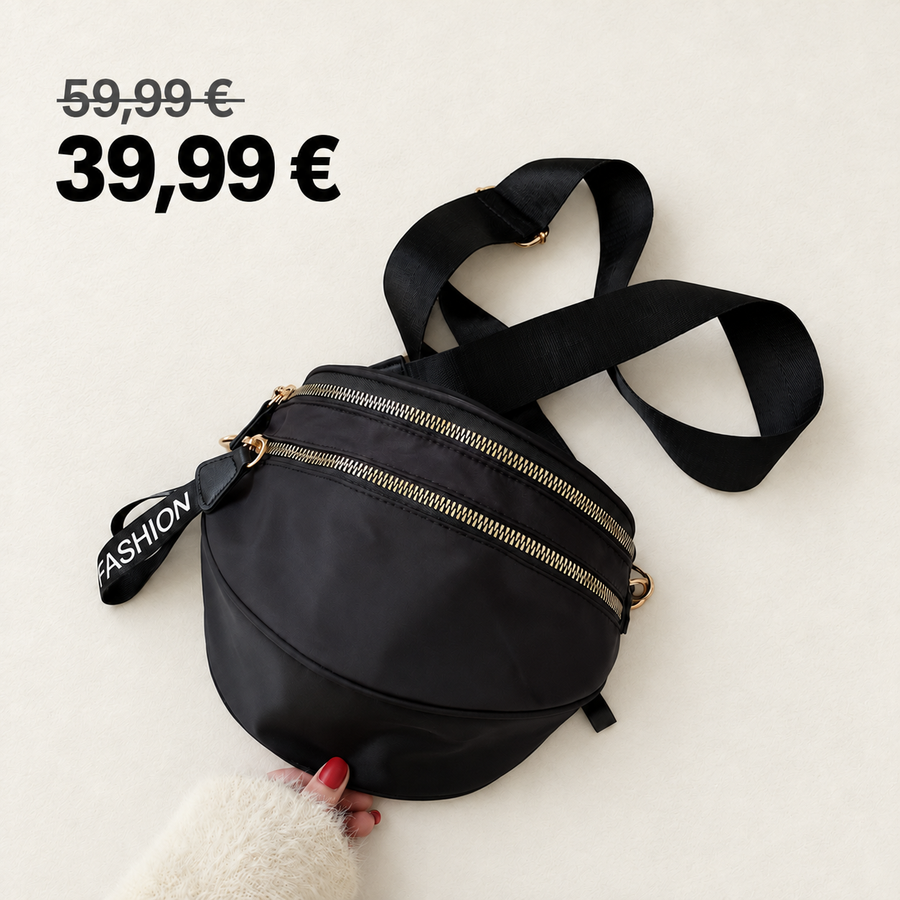 Sac Banane Nylon Double Zip Noir – présentation à 39,99 €, ancien prix 59,99 € barré – Brin de Charme