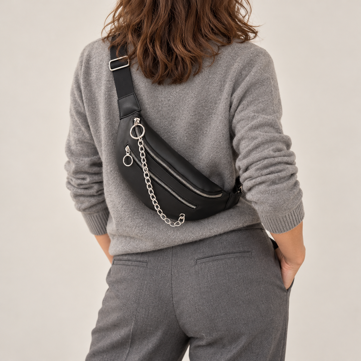 Sac Banane Chaîne Argentée – Noir