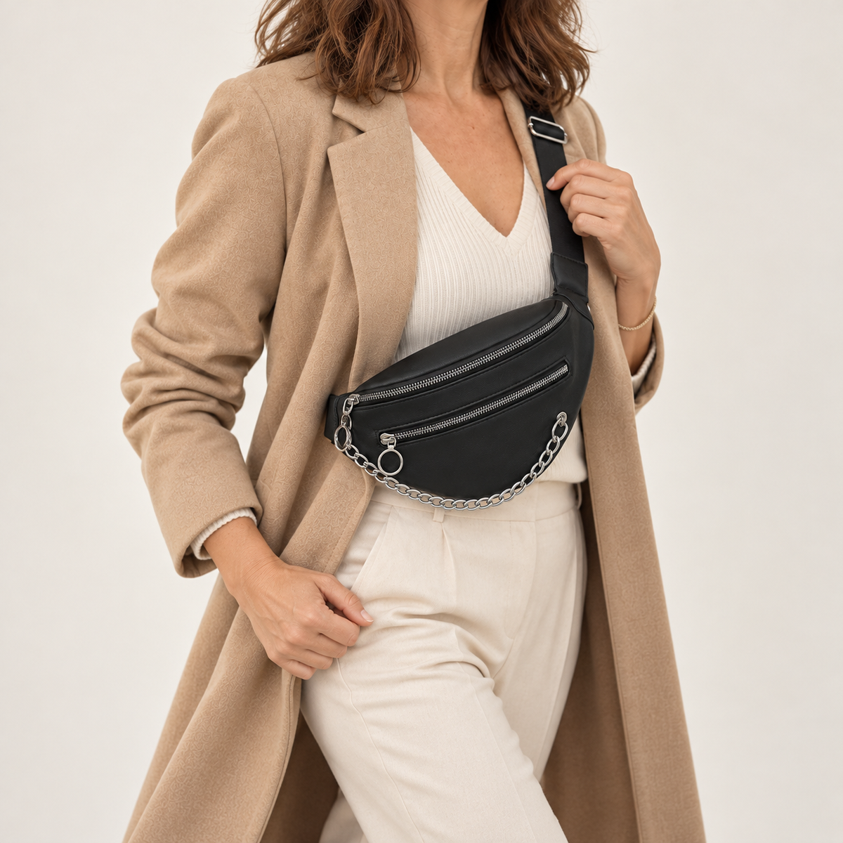 Sac Banane Chaîne Argentée – Noir
