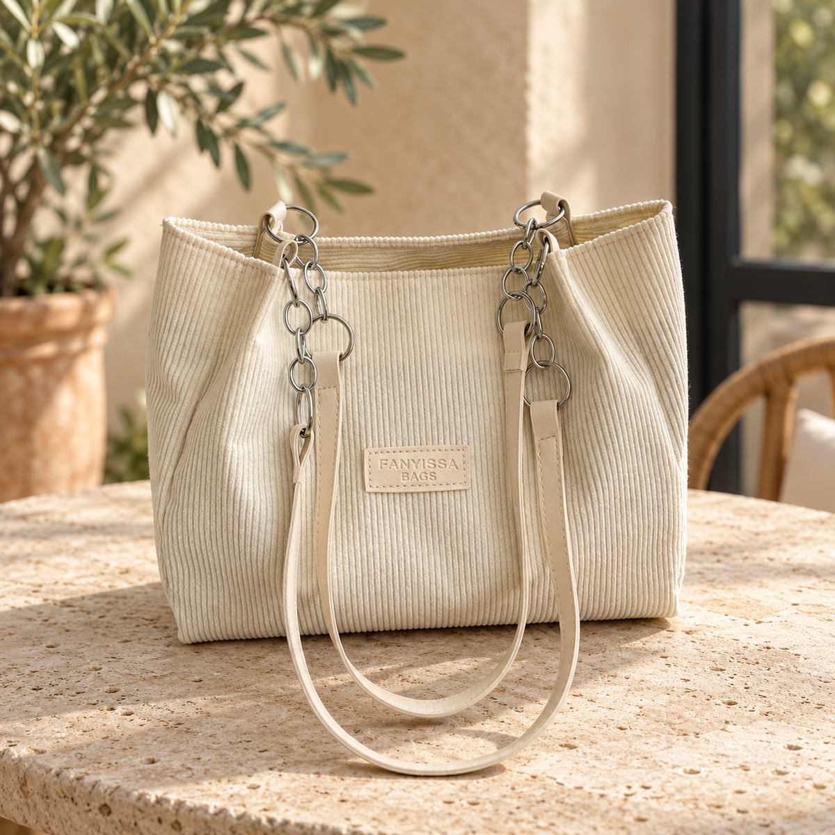 Cabas Velours Côtelé à Chaînes blanc en décor naturel – Brin de Charme