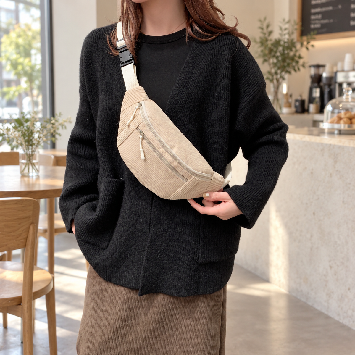 Mini Banane Velours Côtelé beige portée en travers du buste dans un café – Brin de Charme