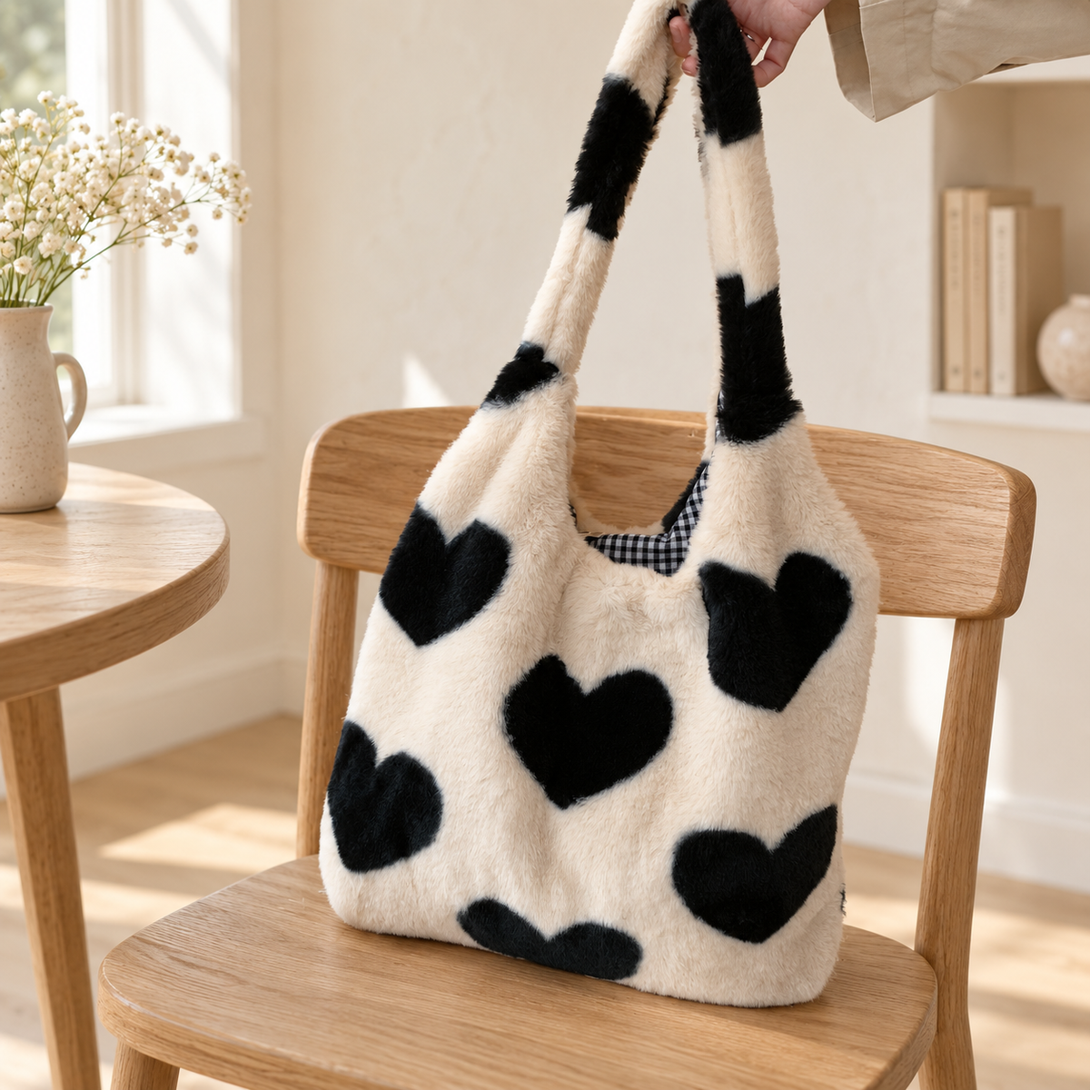 Sac Peluche Cœurs Réversible écru, vue de face sur une chaise en bois – Brin de Charme