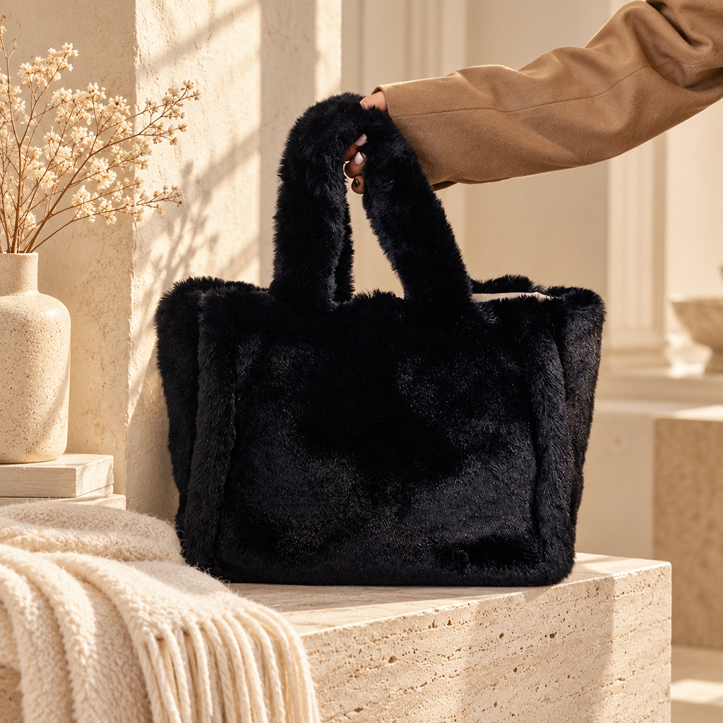 Cabas Fourrure Tout Doux Noir Grand