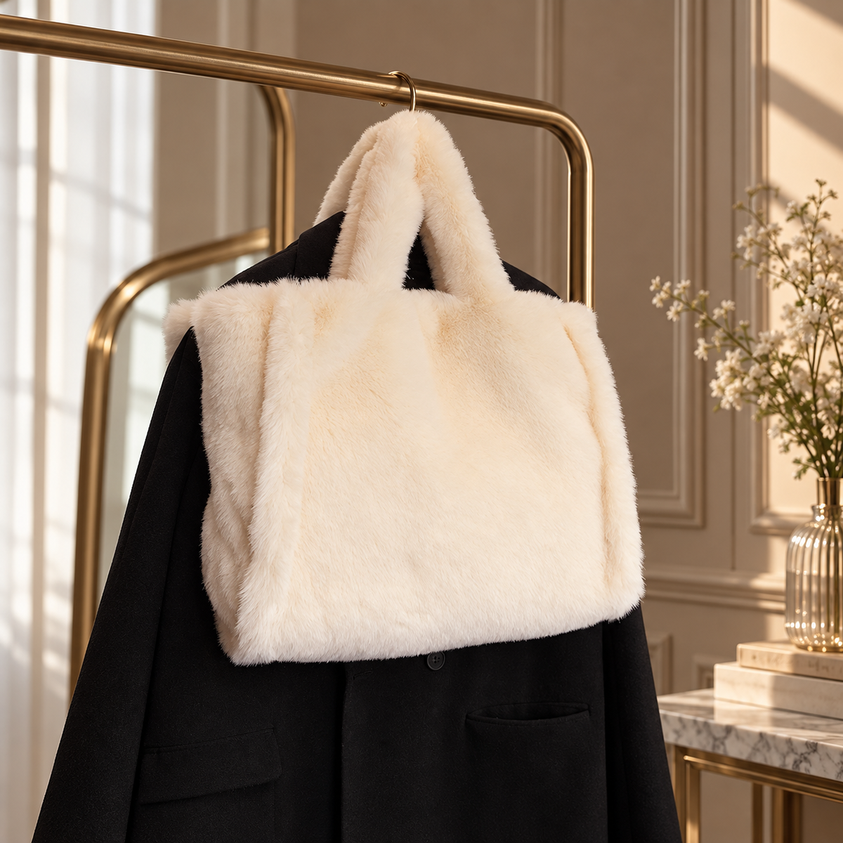 Cabas Fourrure Tout Doux Écru Grand