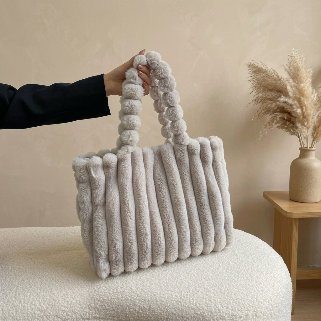 Cabas Peluche Côtelée Beige, grand format – Brin de Charme